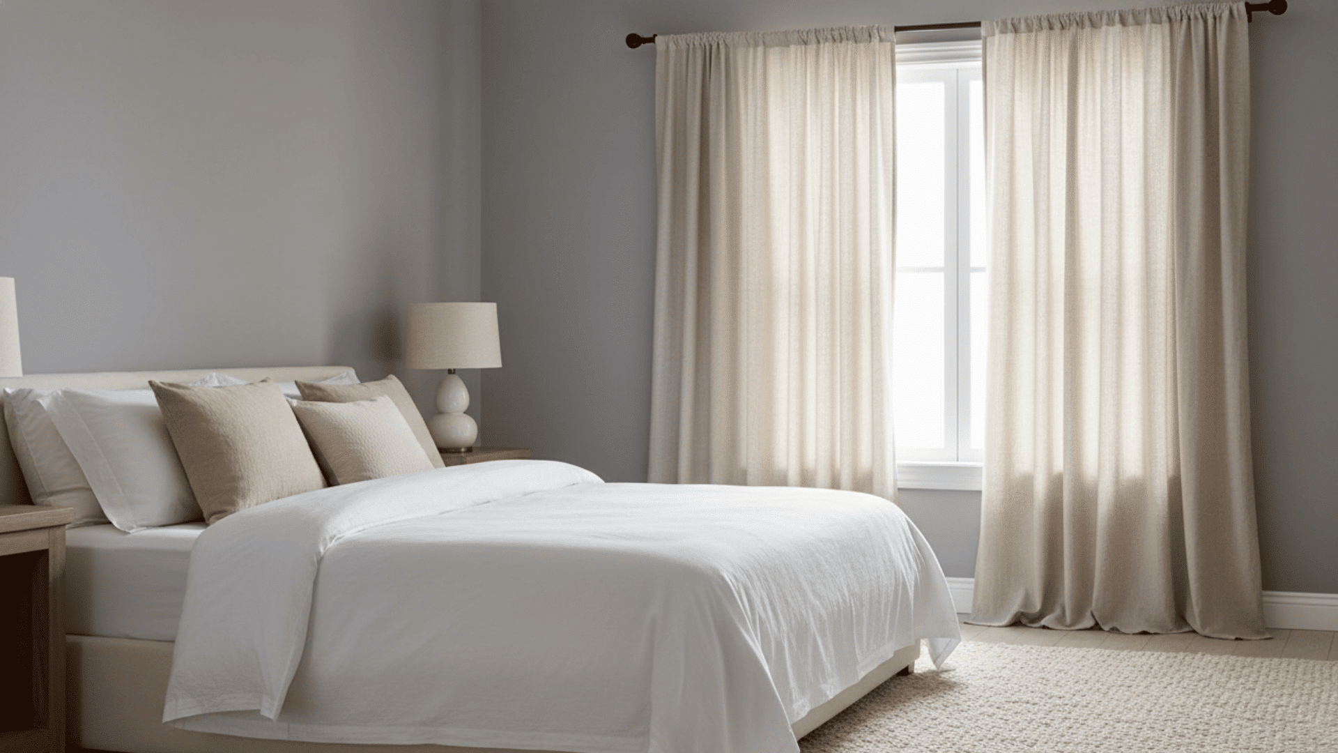 Warm beige curtains in a cozy neutral bedroom, creating a soft and inviting atmosphere.