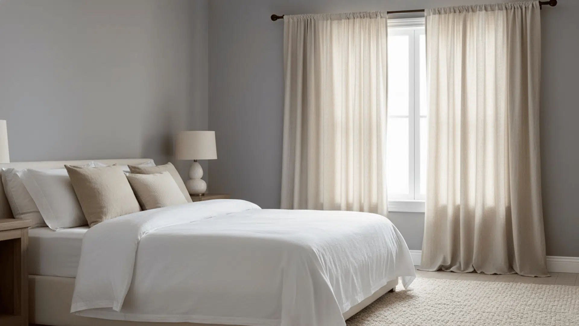 Warm beige curtains in a cozy neutral bedroom, creating a soft and inviting atmosphere.