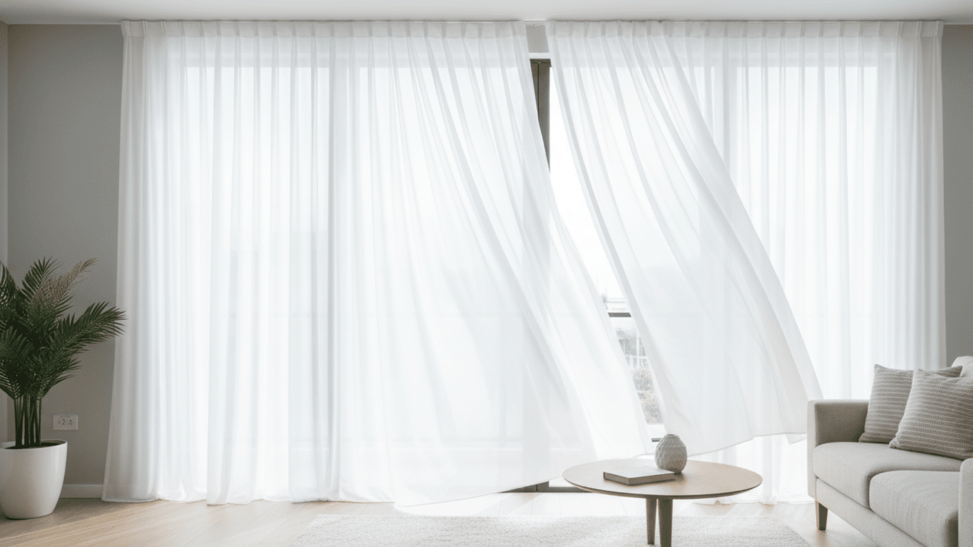Four side-by-side interior design examples showing various curtain colors paired with different shades of gray walls.