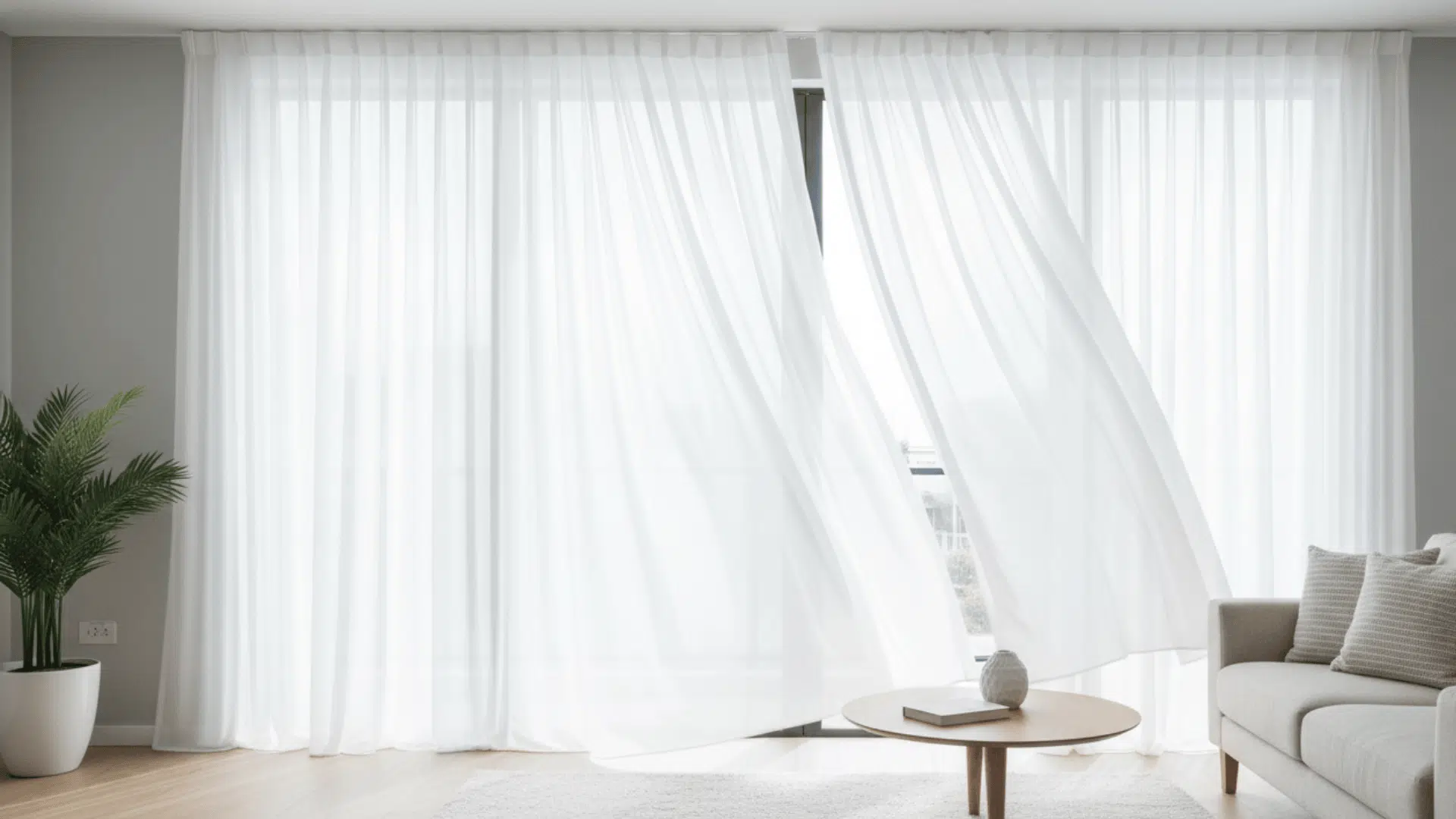 White curtains hanging against light gray walls, offering a clean and airy modern aesthetic.