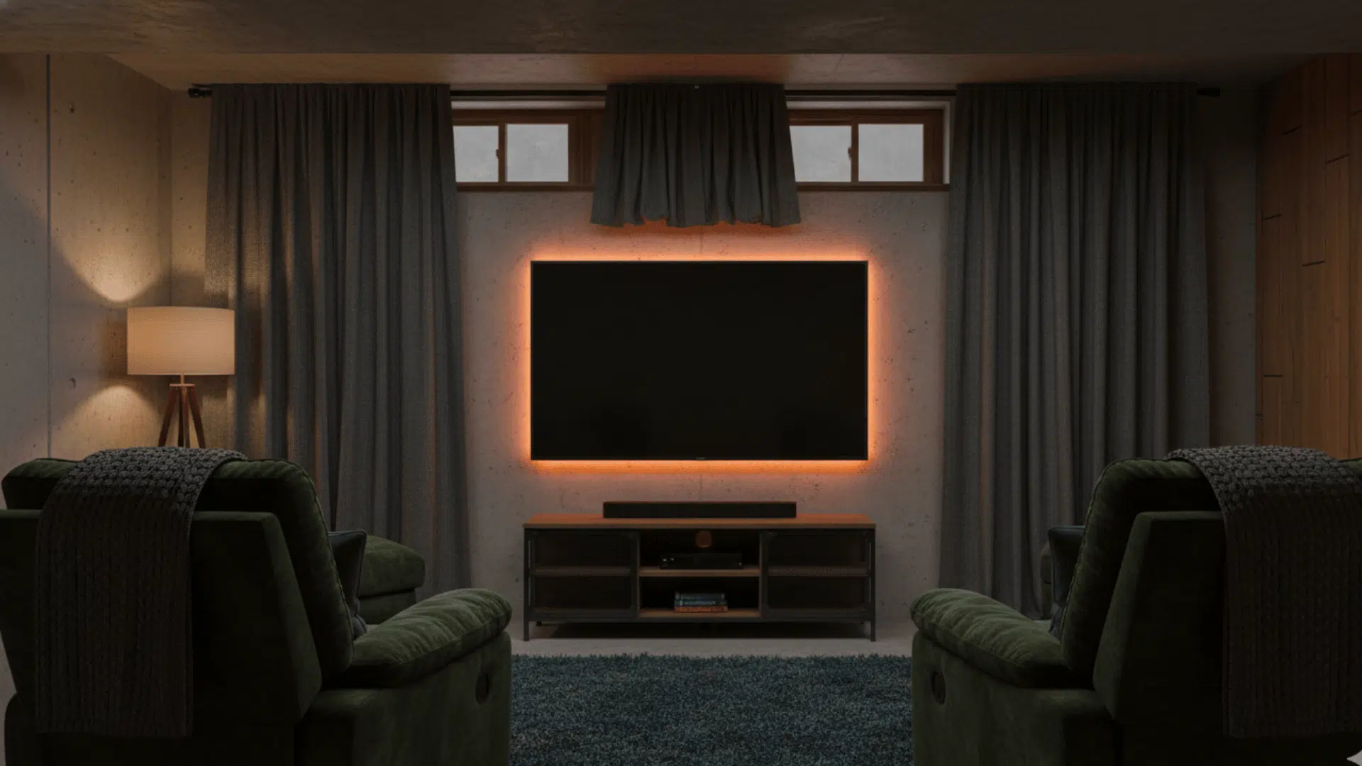 A backlit TV mounted below small basement windows with dark curtains and cozy seating.