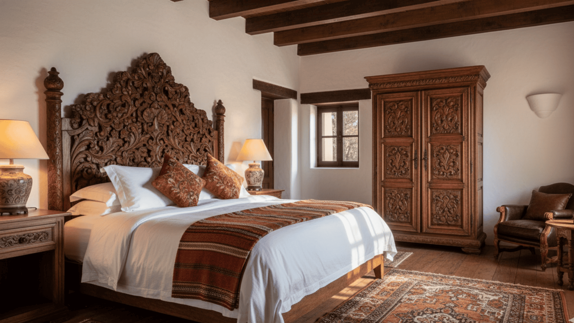 A bedroom featuring an intricately carved dark wood headboard, matching armoire, and rustic ceiling beams.