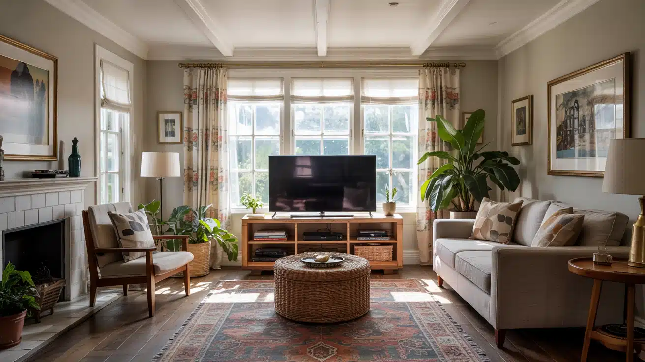 A bright living room with a TV centered in front of a large window, featuring a low-profile media console and layered curtains.
