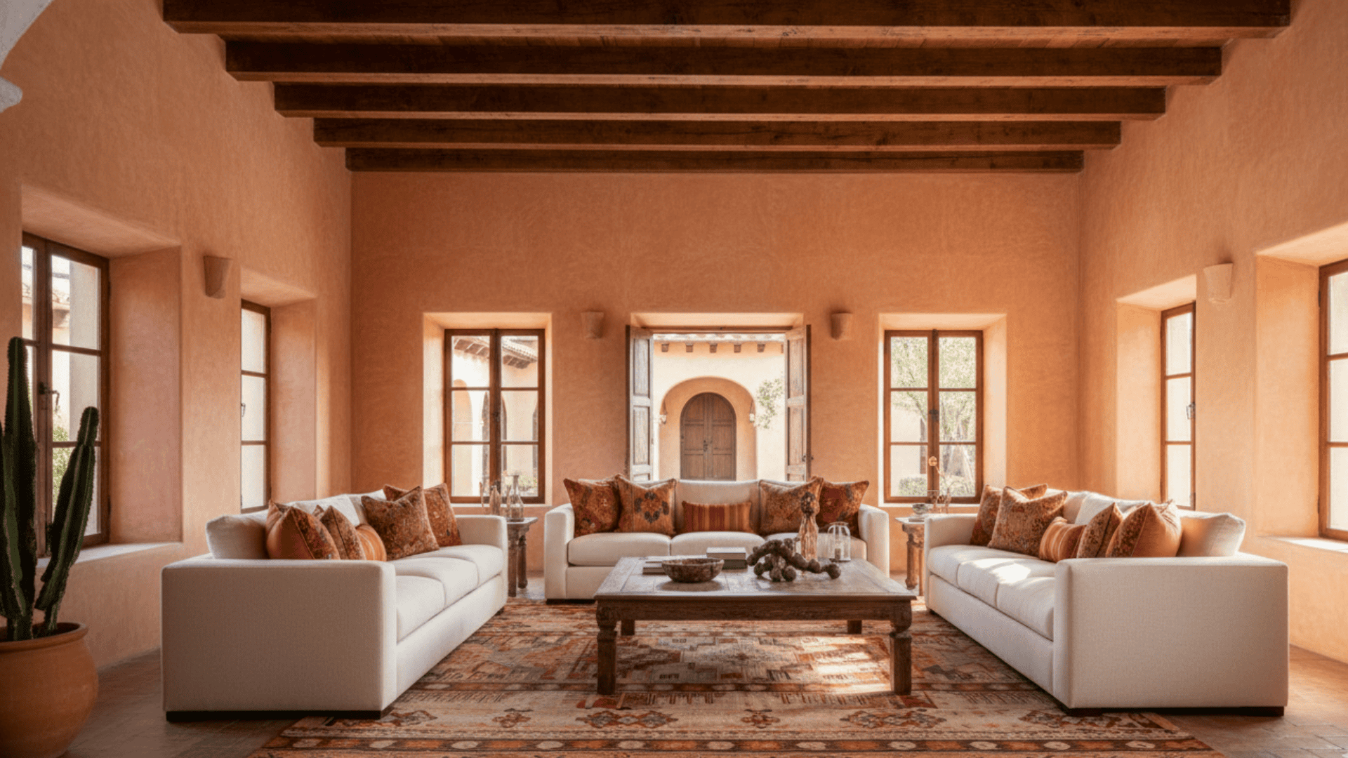A bright living room with textured beige plaster walls, white sofas, and rustic wood ceiling beams.