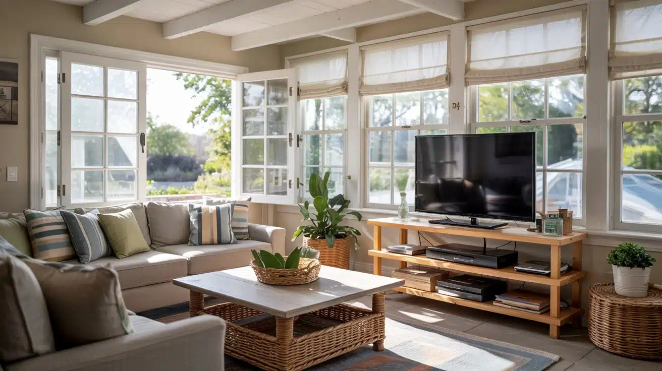 A bright sunroom with a TV on a wood stand in front of large windows, featuring solar shades and a sectional sofa.