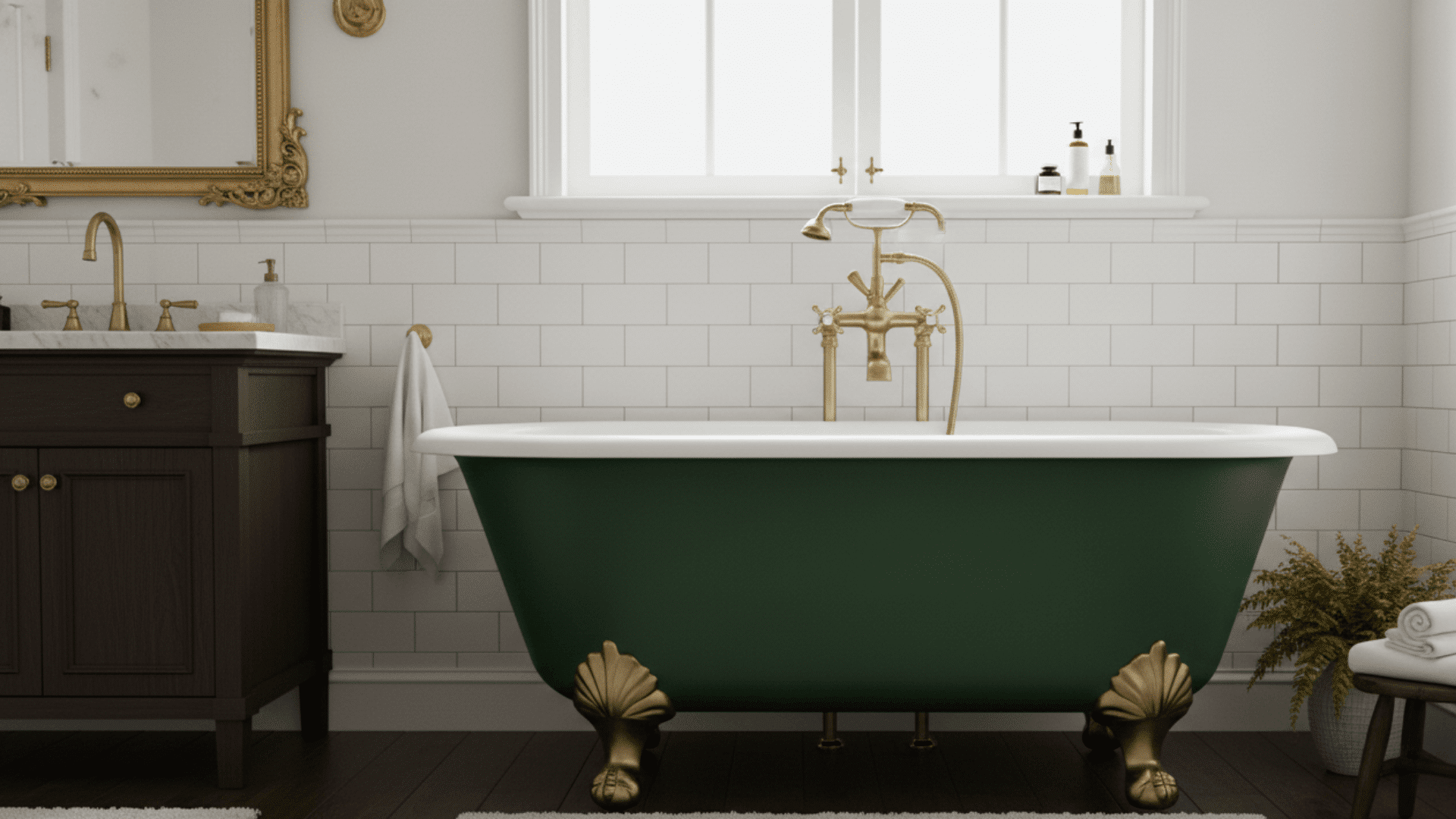 A classic white clawfoot bathtub with a deep green painted exterior and silver feet.