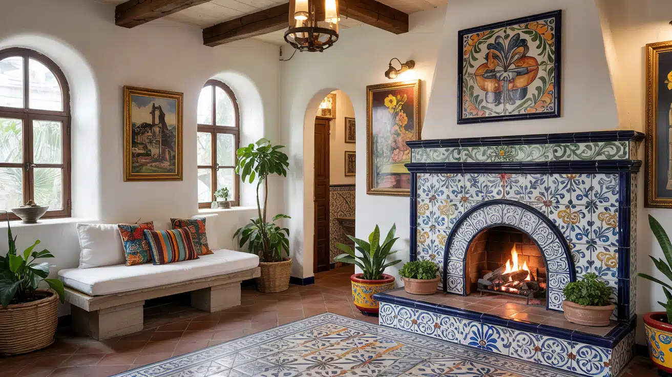 A colorful living room featuring a fireplace and floor decorated with intricate blue hand-painted Talavera tiles.