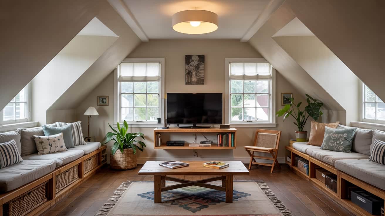 A cozy attic nook with a TV placed in front of a low window, framed by sloped ceilings and soft floor cushions.