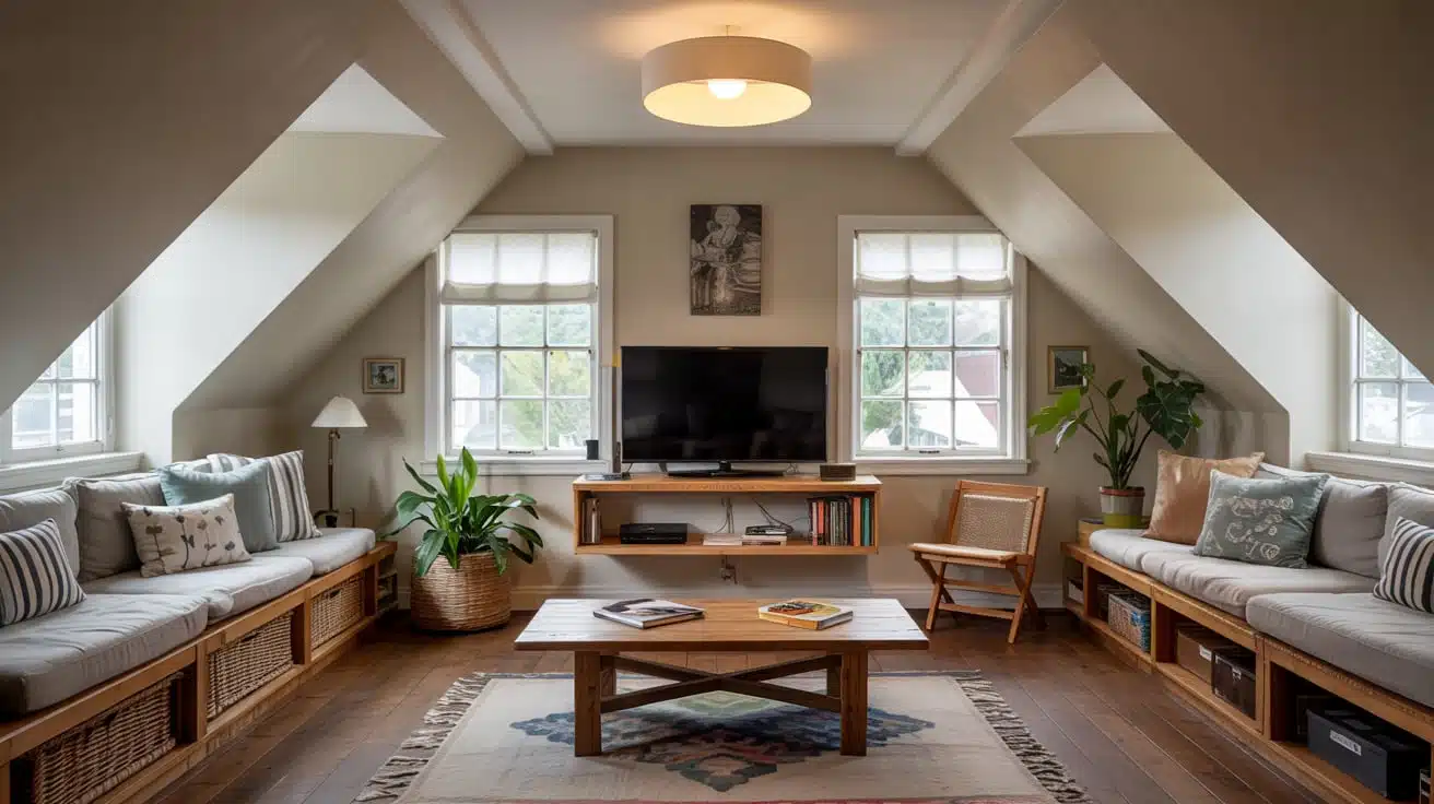 A cozy attic nook with a TV placed in front of a low window, framed by sloped ceilings and soft floor cushions.
