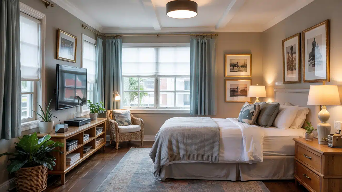 A cozy bedroom featuring a wall-mounted TV between two windows, styled with blackout shades and a narrow wooden console.