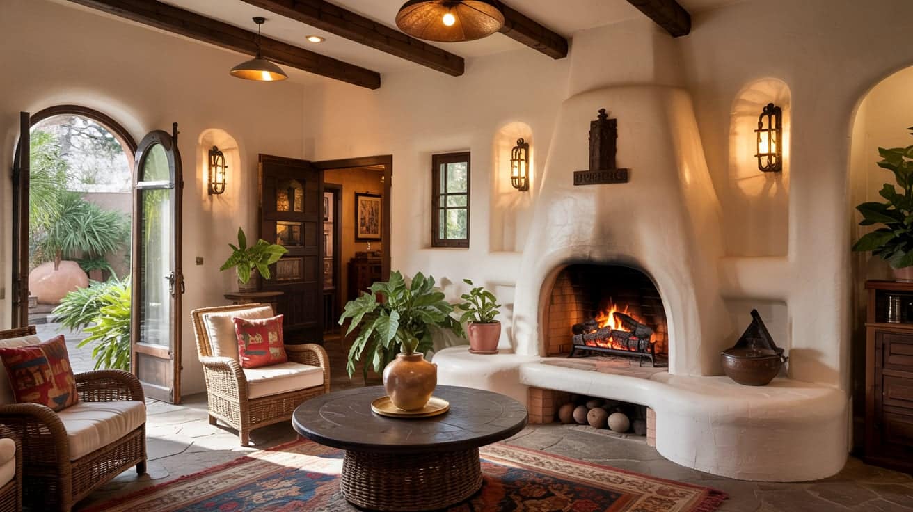 A curved white kiva-style plaster fireplace in a rustic room with dark wood ceiling beams.