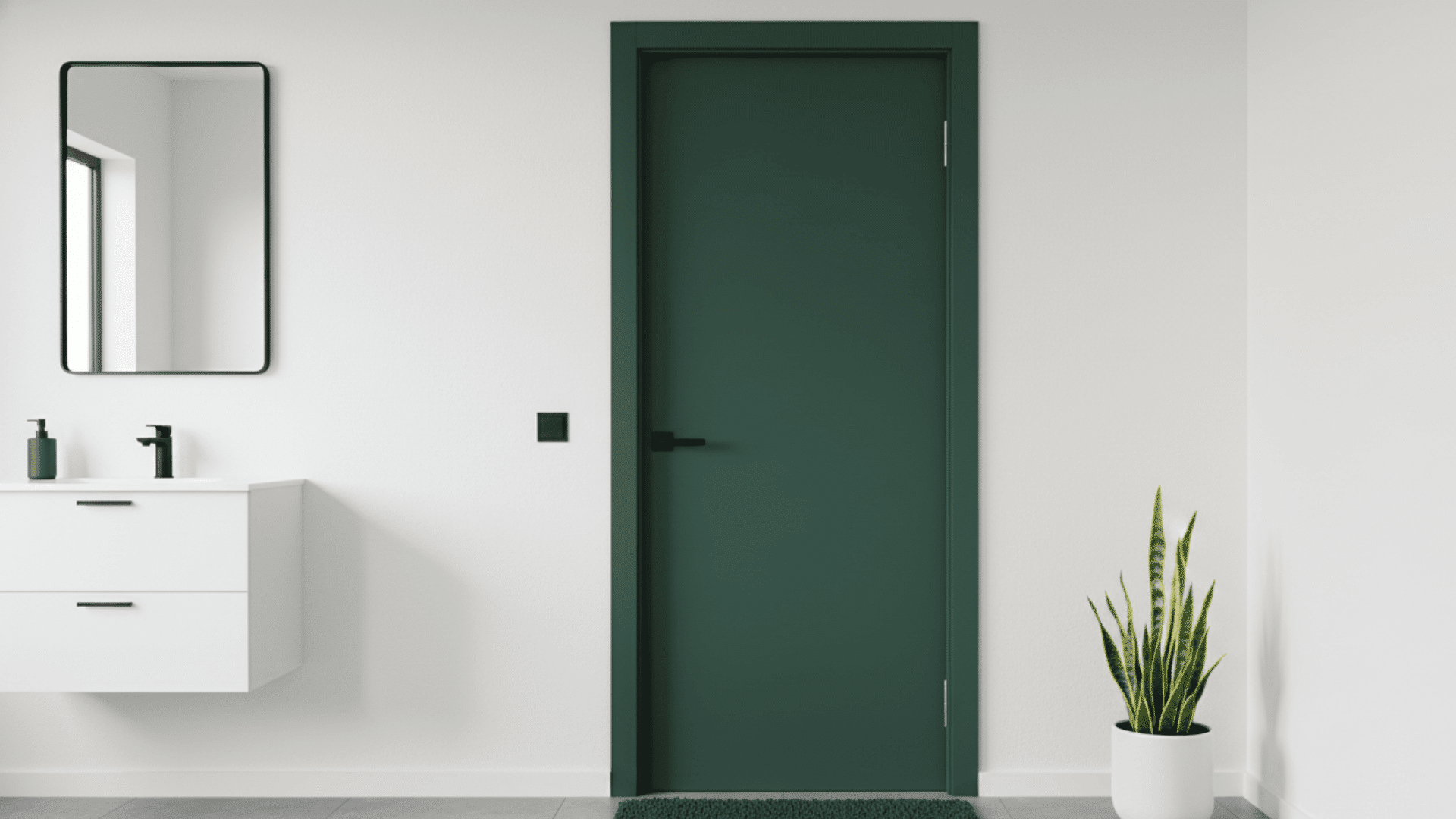 A dark green interior bathroom door framed by white walls and a modern vanity.