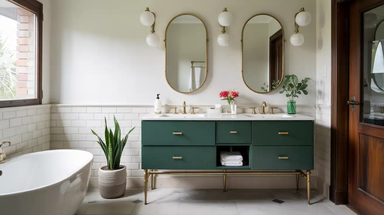 A floating dark green vanity cabinet featuring elegant thin brass legs and gold hardware.