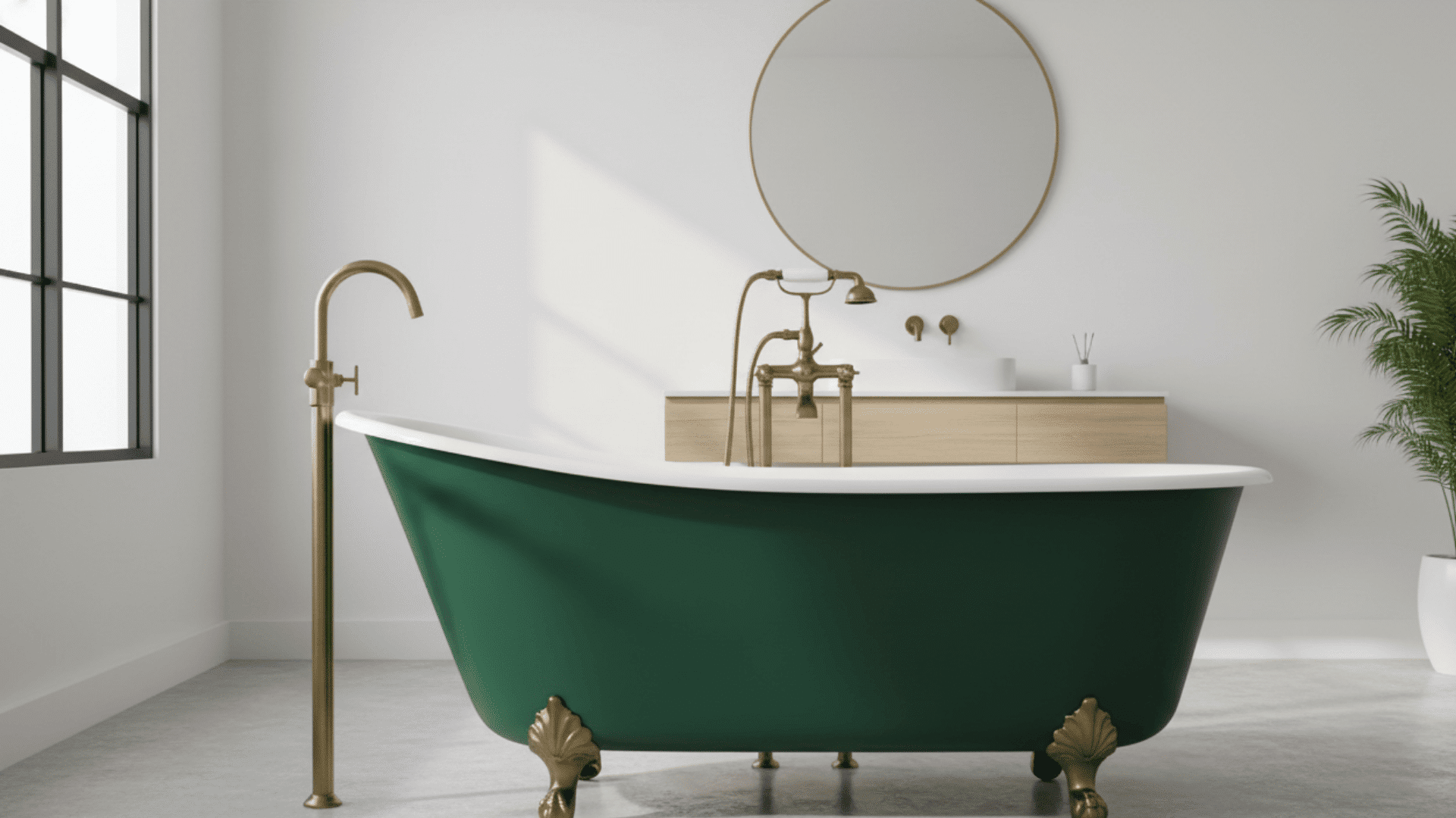A freestanding bathtub with a dark green exterior finish and gold clawfoot legs in a bright bathroom.