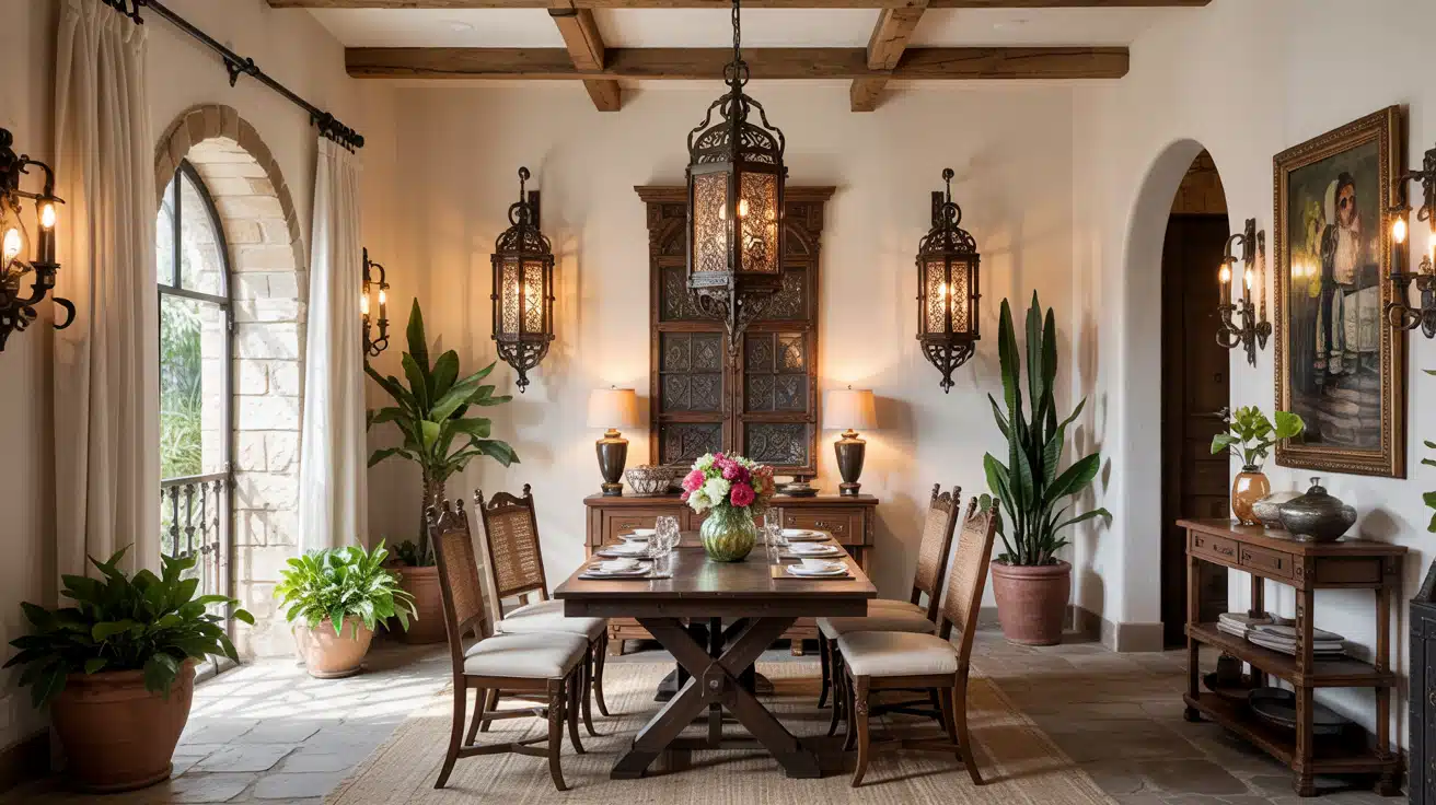 A grand dining room featuring ornate wrought-iron chandeliers, wall sconces, and an arched stone window.
