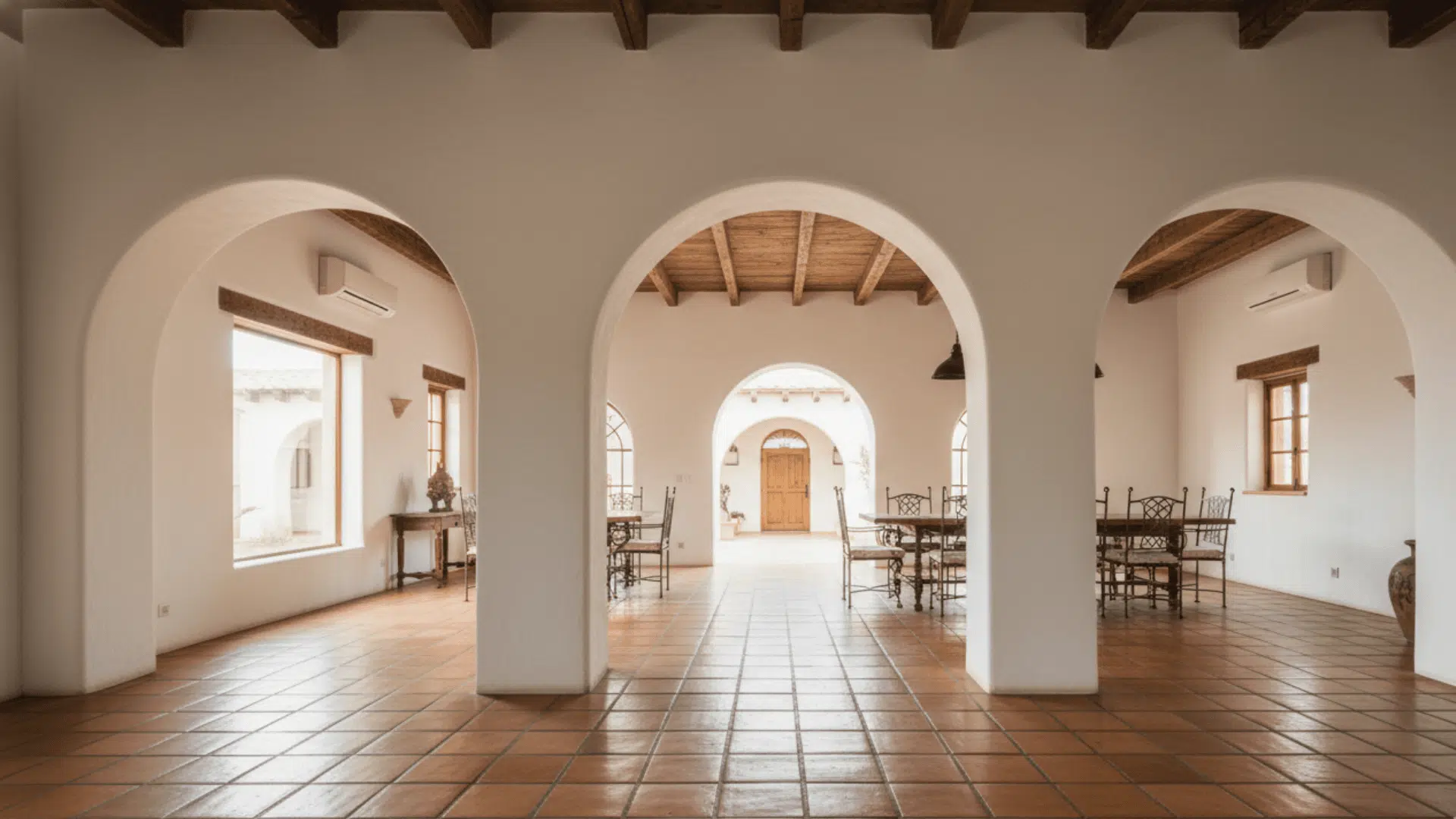 A hallway featuring white plastered arched doorways leading into a sunlit room with tile floors.