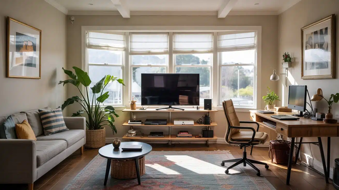 A home office featuring a desk positioned perpendicularly to a TV and window setup, utilizing natural front lighting for video calls.
