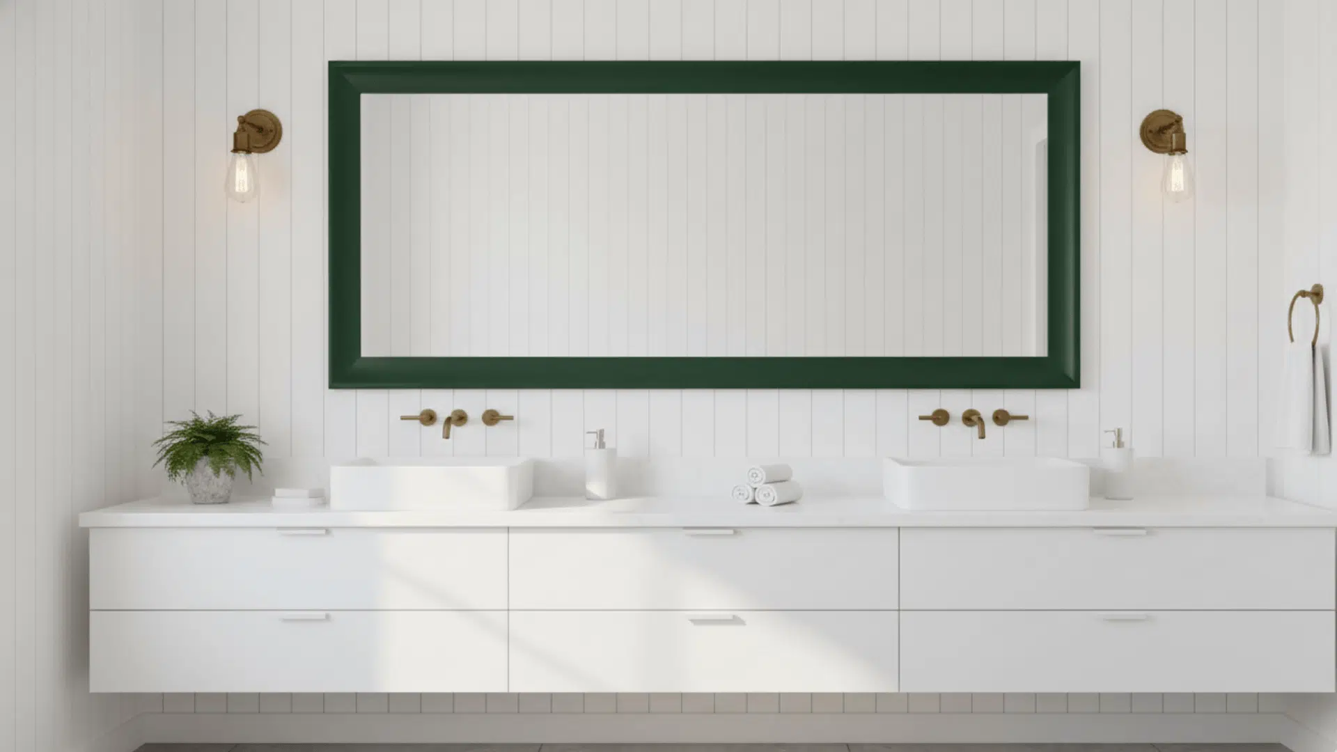 A large rectangular mirror with a dark forest green frame mounted above a white sink.