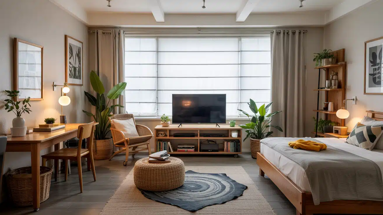 A modern studio apartment where a TV sits on a sleek wood console in front of a window, acting as a functional room divider.
