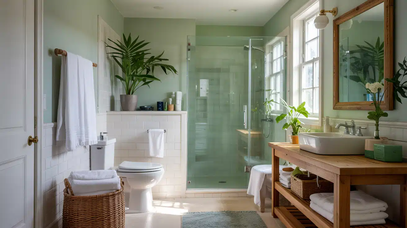 A modern walk-in shower with a subtle green-tinted glass partition and black frame.