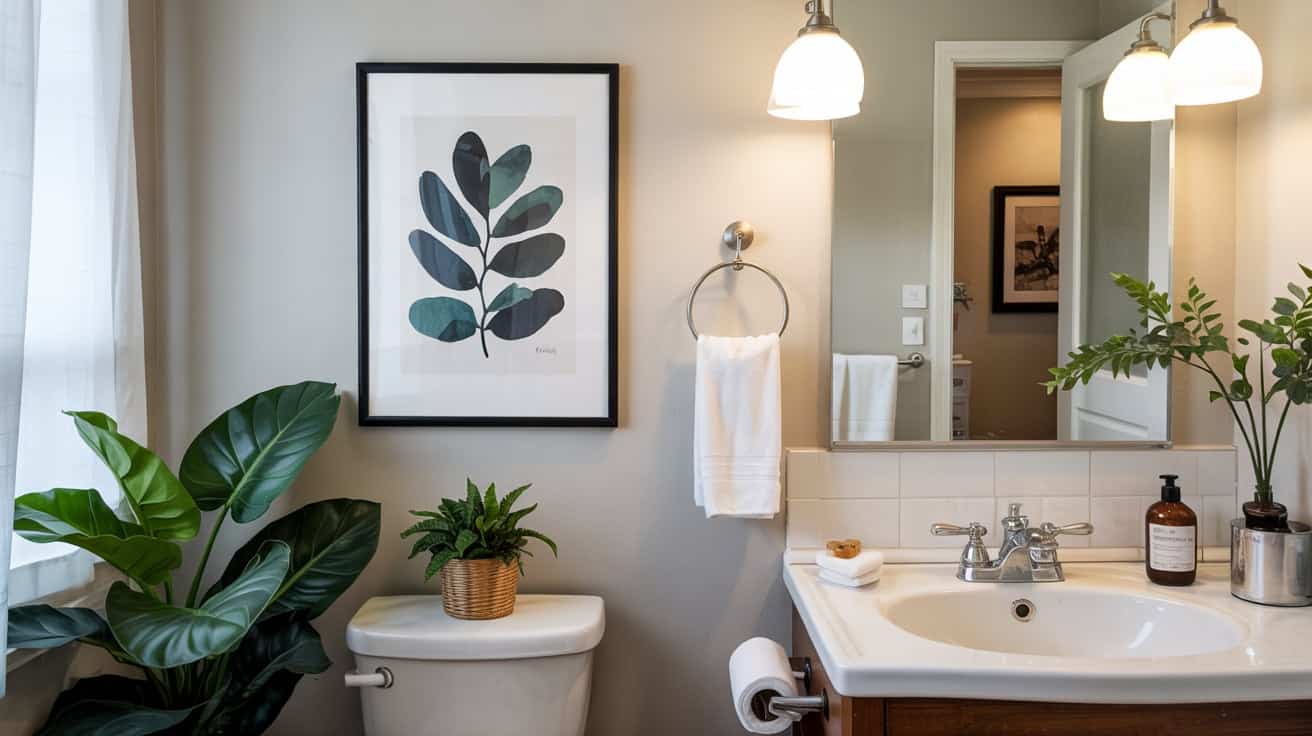 A pair of framed botanical art prints with dark green leaves on a white bathroom wall.