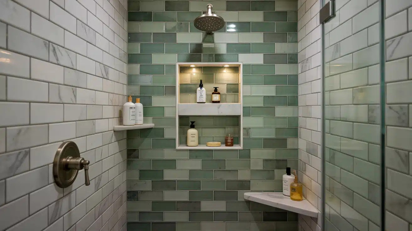 A recessed shower niche with dark green tiles illuminated by integrated LED strip lighting.