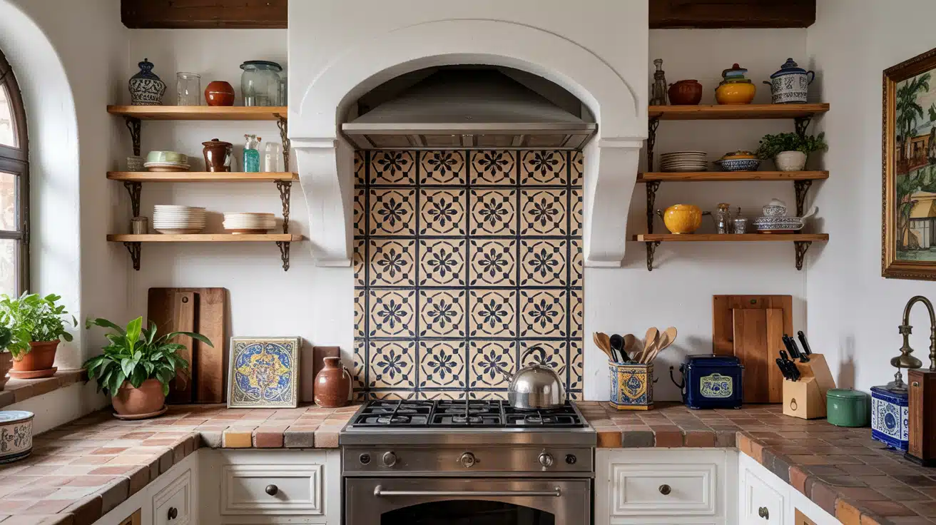 A rustic kitchen with a blue patterned tile backsplash, terracotta countertops, and wooden shelves.