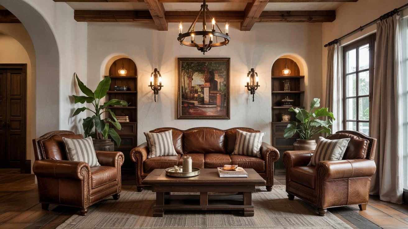 A rustic living room with brown leather seating, arched niches, and dark wood ceiling beams.