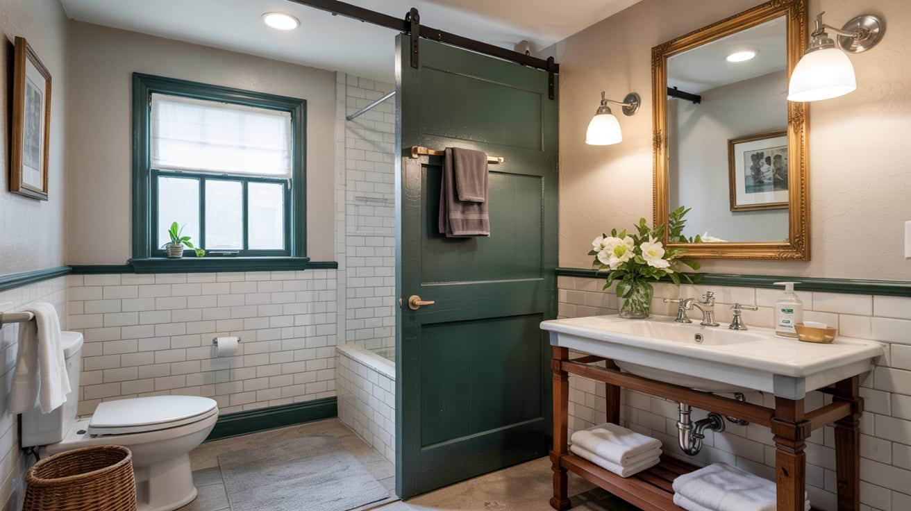 A sliding dark green pocket door leading into a minimalist modern bathroom.