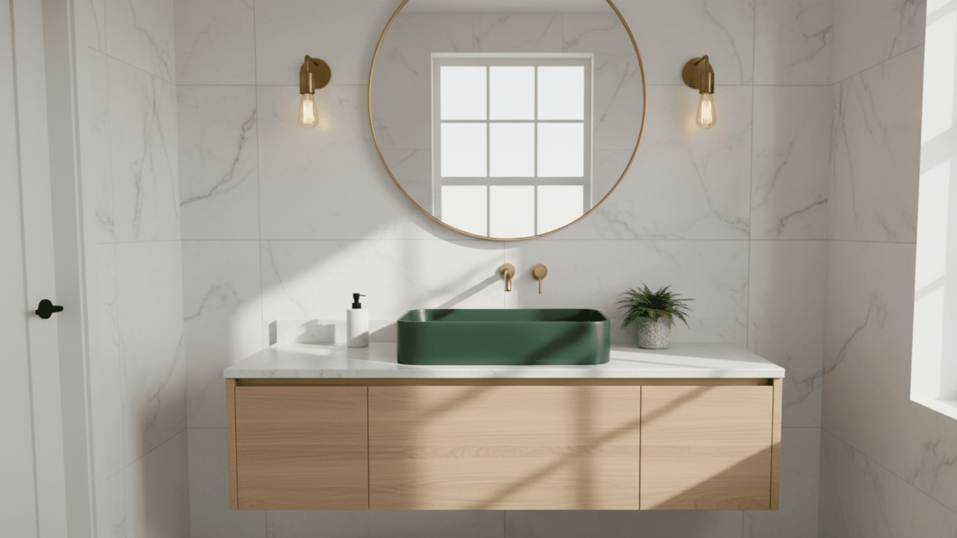 A unique dark green ceramic sink basin sitting on a light wood vanity countertop.