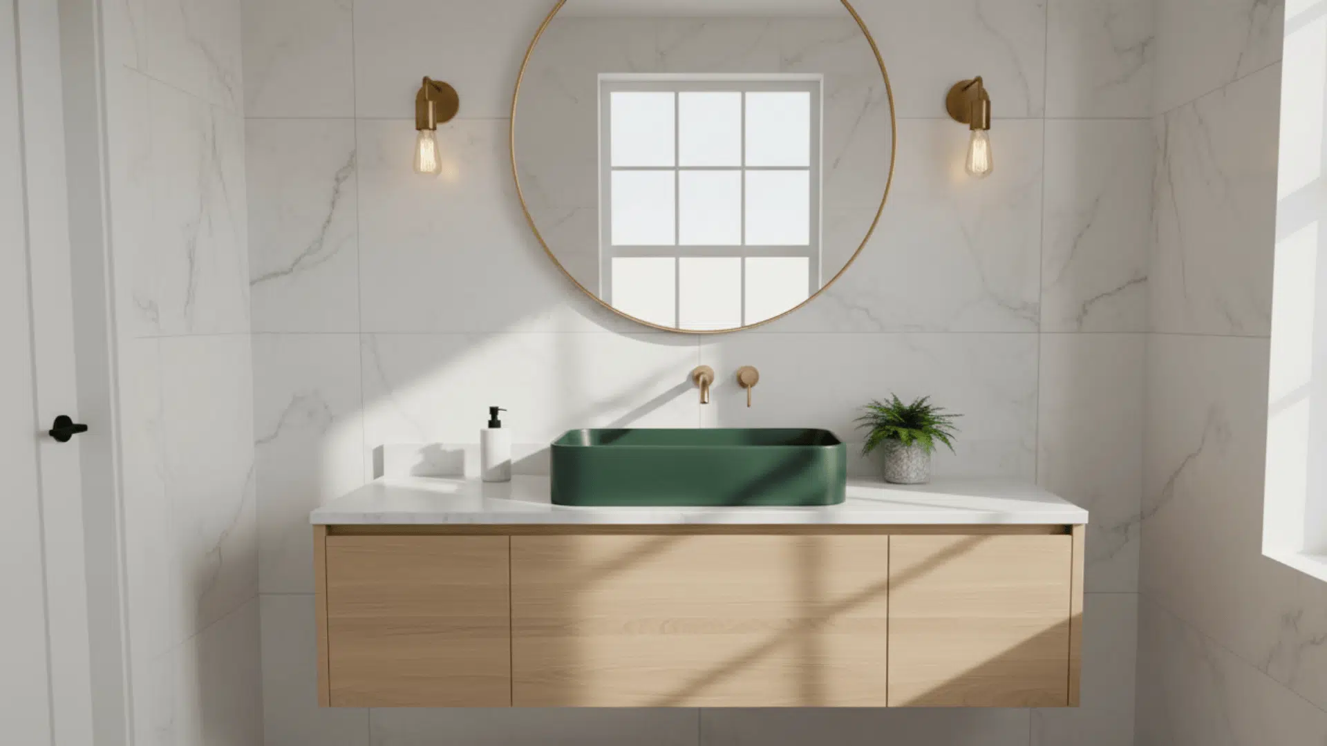 A unique dark green ceramic sink basin sitting on a light wood vanity countertop.