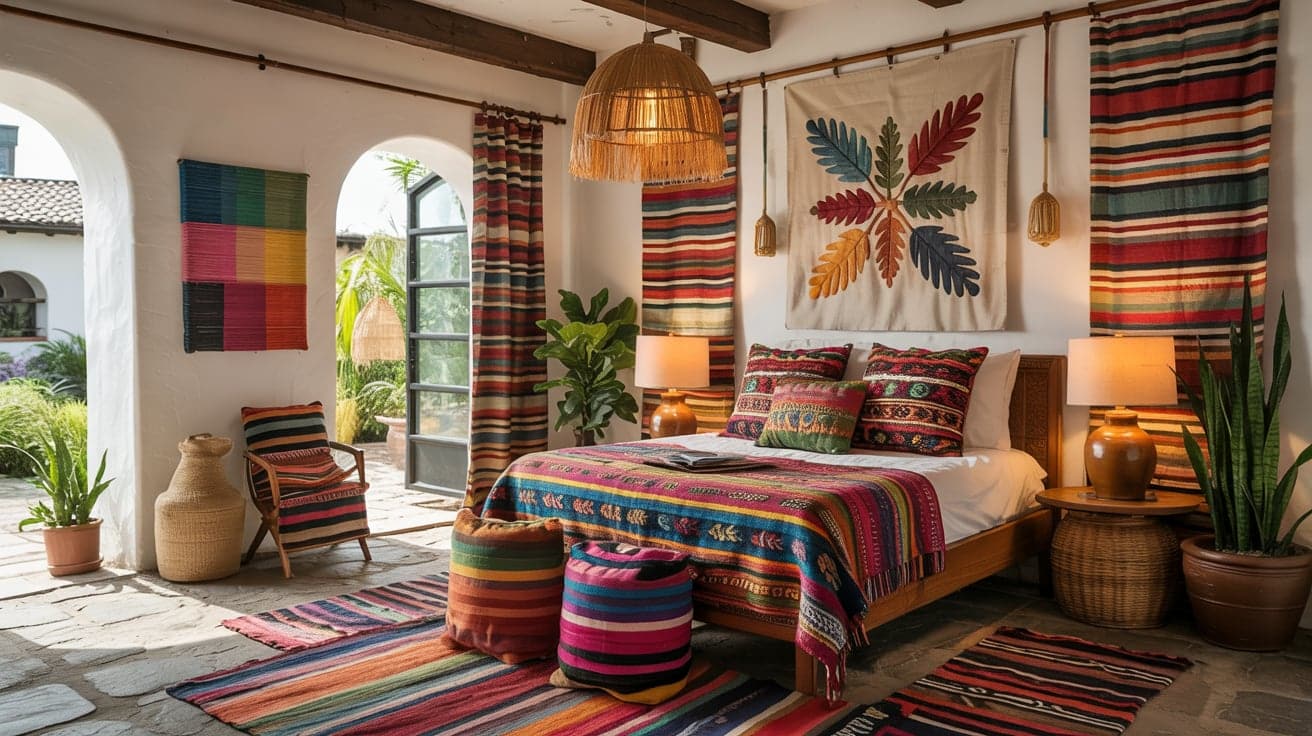 A vibrant bedroom featuring colorful striped Mexican blankets, woven wall hangings, and patterned decorative pillows.