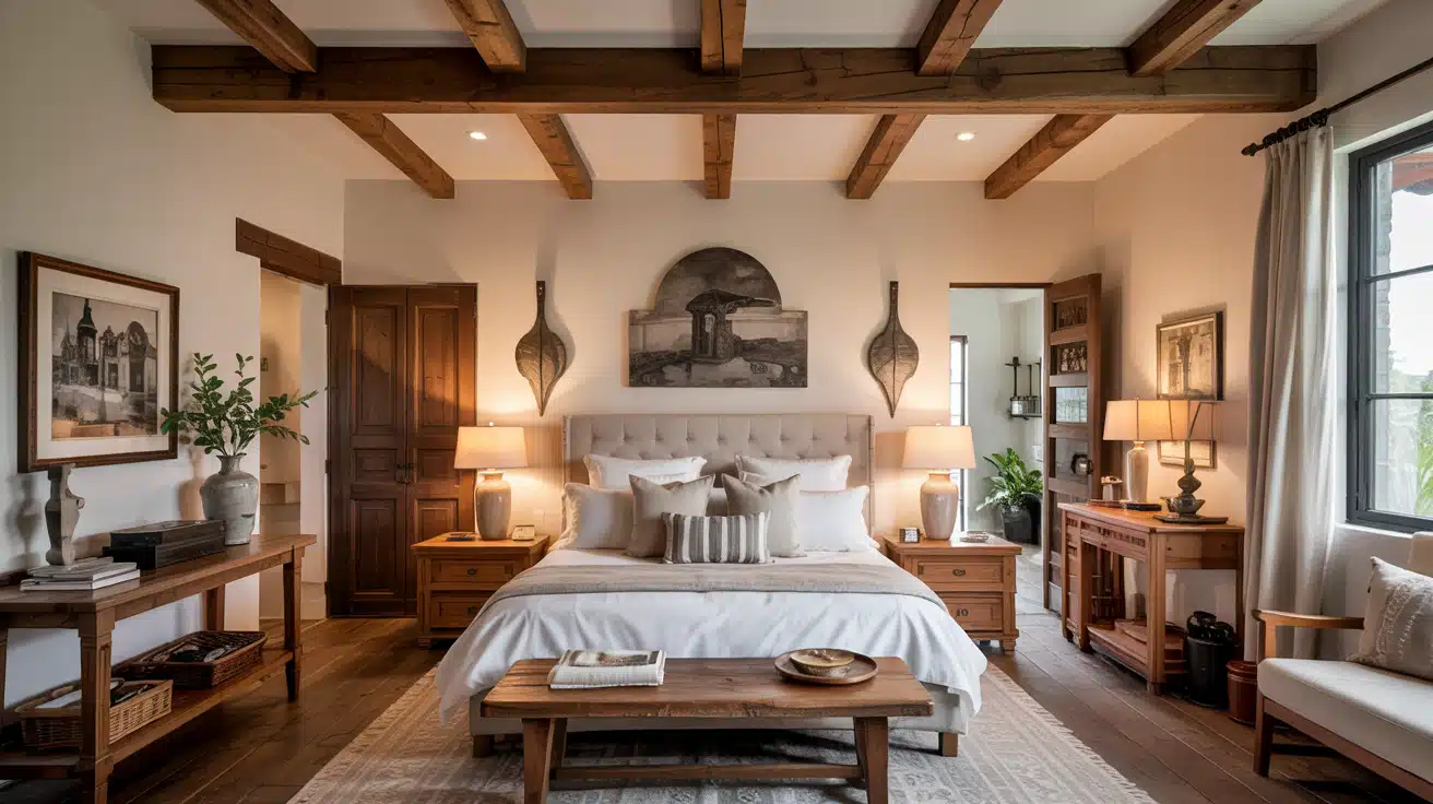 A warm, elegant bedroom featuring dark-stained rustic viga ceiling beams and traditional wooden furniture.