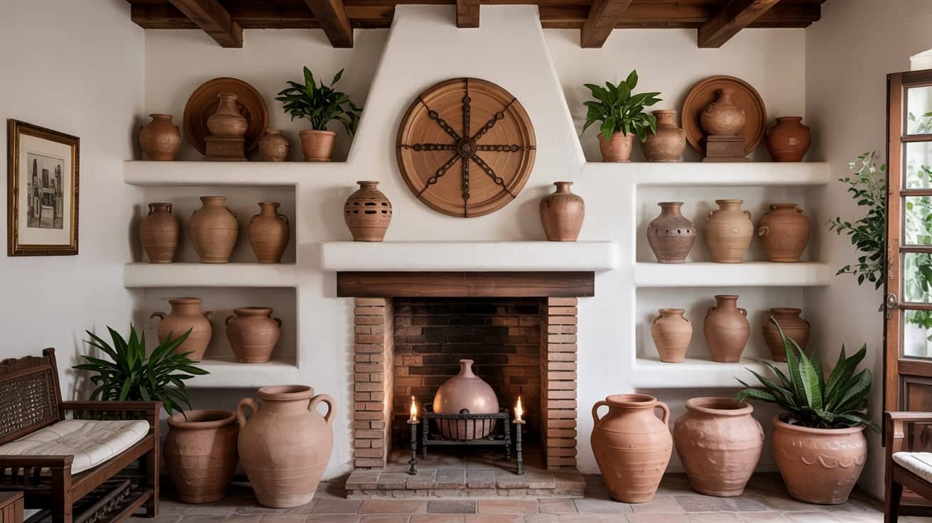 A white built-in wall shelf filled with various-sized earthy terracotta pots and clay vases.
