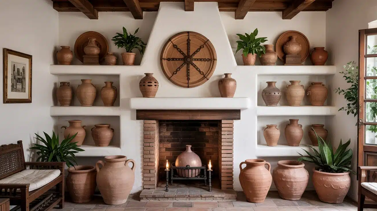A white built-in wall shelf filled with various-sized earthy terracotta pots and clay vases.