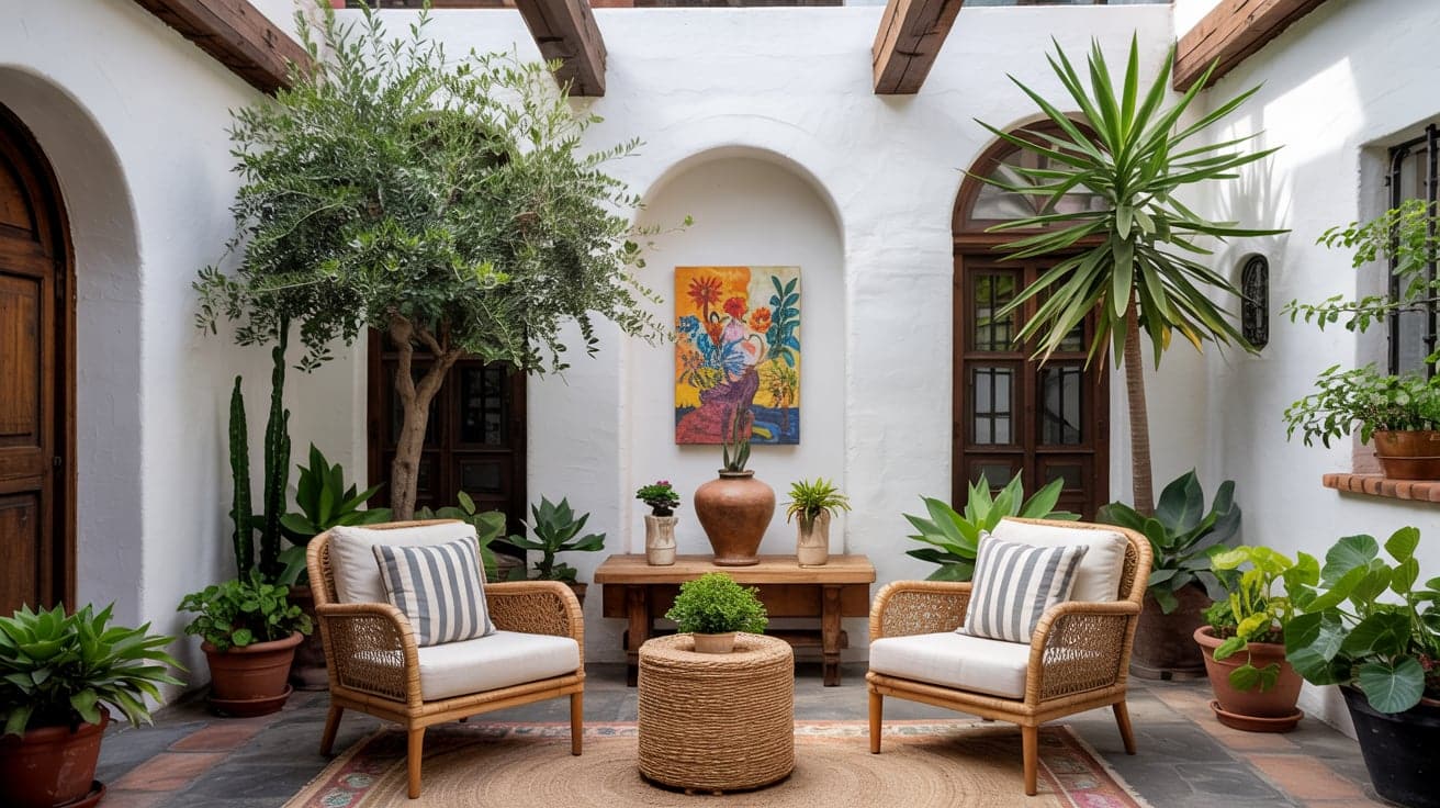 A white hacienda courtyard with arched doorways, potted trees, and lush green plants.