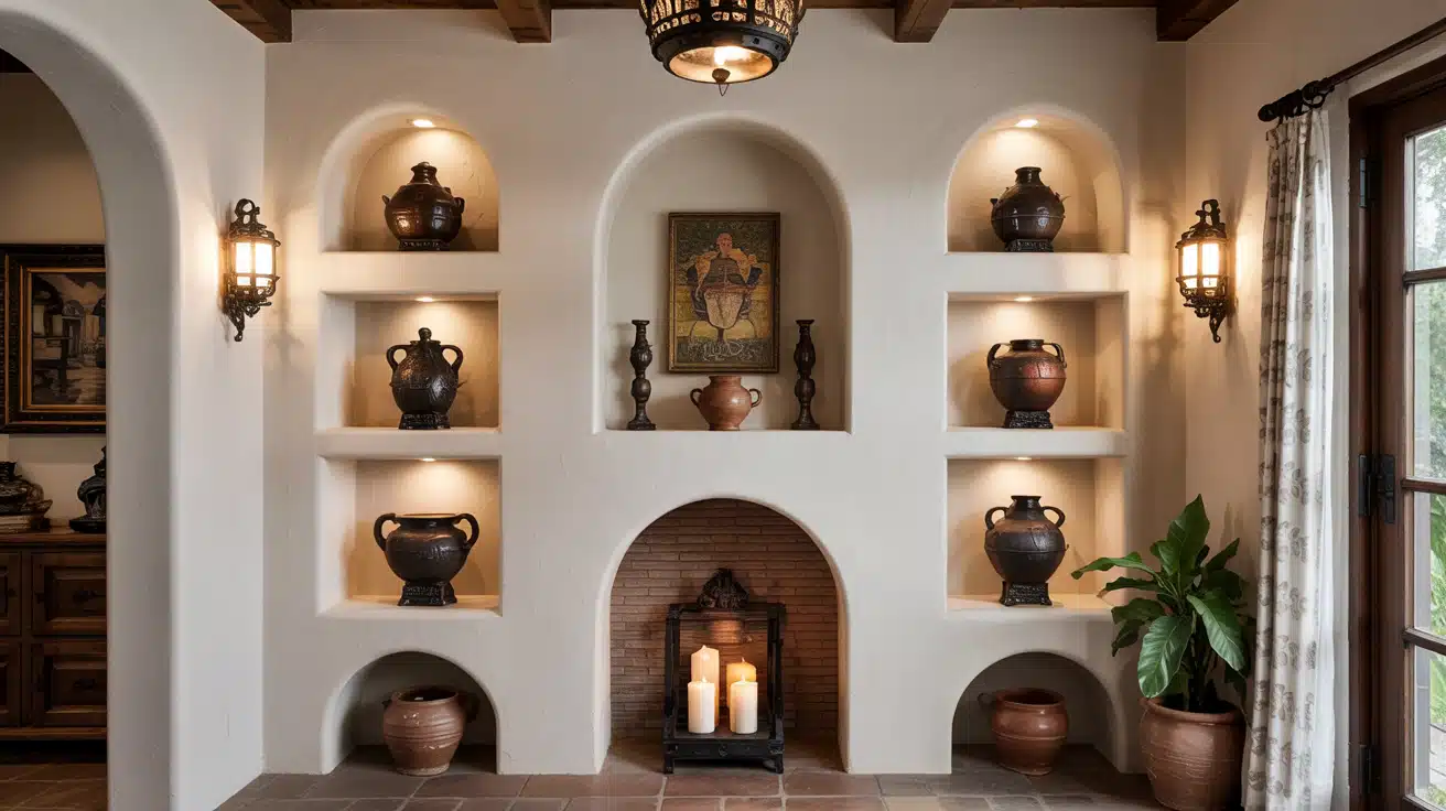 A white wall featuring several built-in arched niches displaying dark clay pottery and artisan decor.