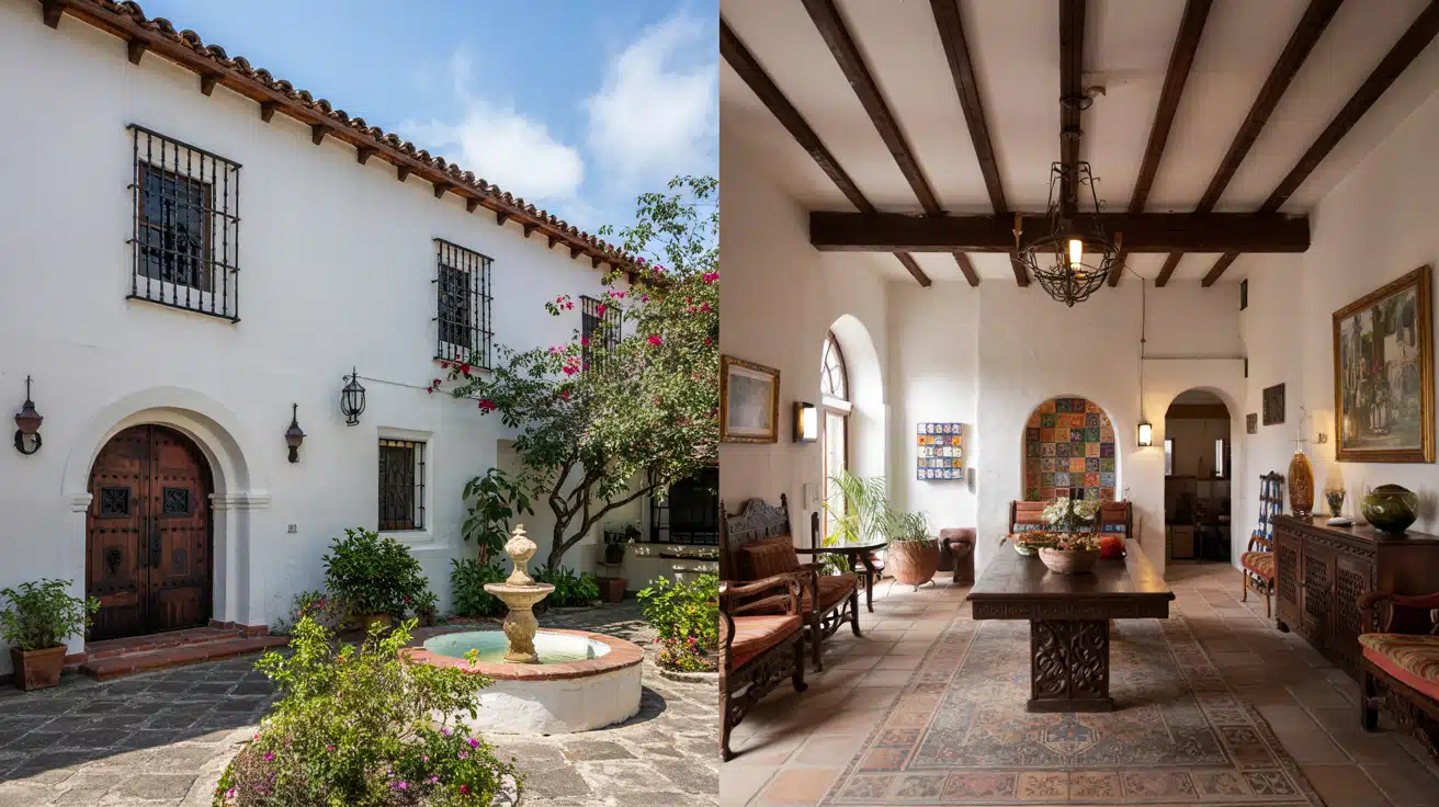 An exterior view of a white stucco hacienda with a courtyard and an interior with viga beams.
