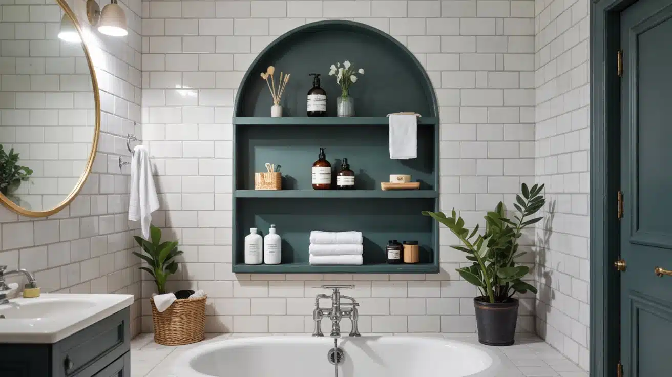Arched dark green recessed wall niche with shelves displaying toiletries above a white bathtub.