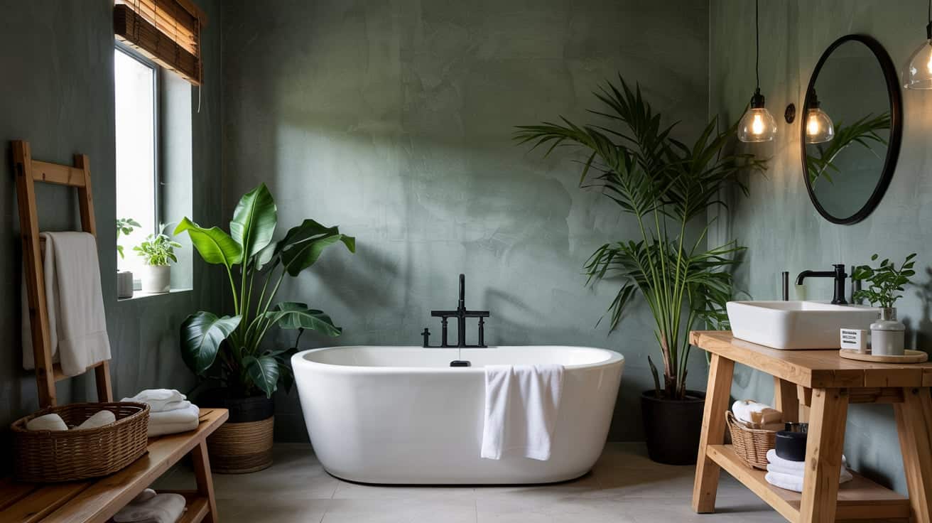 Bathroom walls featuring a textured, dark green concrete-style plaster finish.