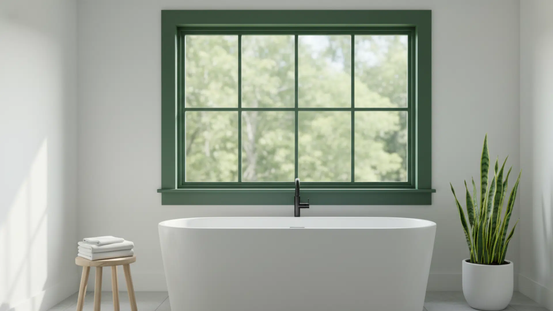 Bathroom window featuring dark green painted trim contrasting with light-colored walls.