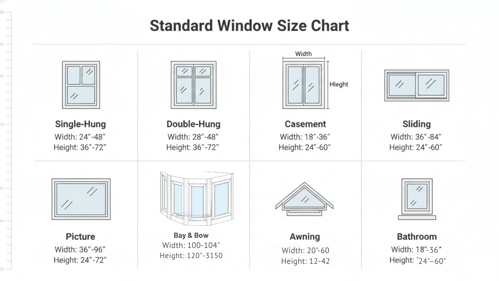 Chart displaying standard width and height dimensions for eight common residential window types.