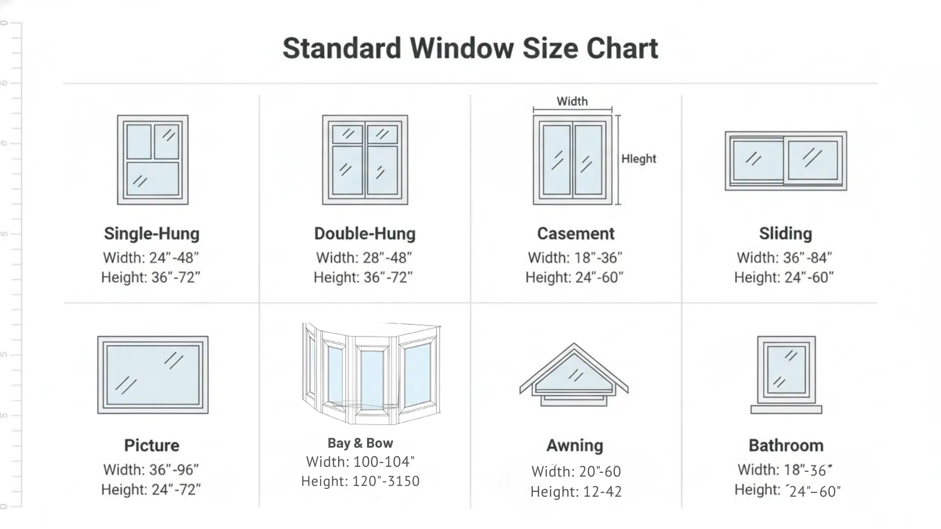 Chart displaying standard width and height dimensions for eight common residential window types.
