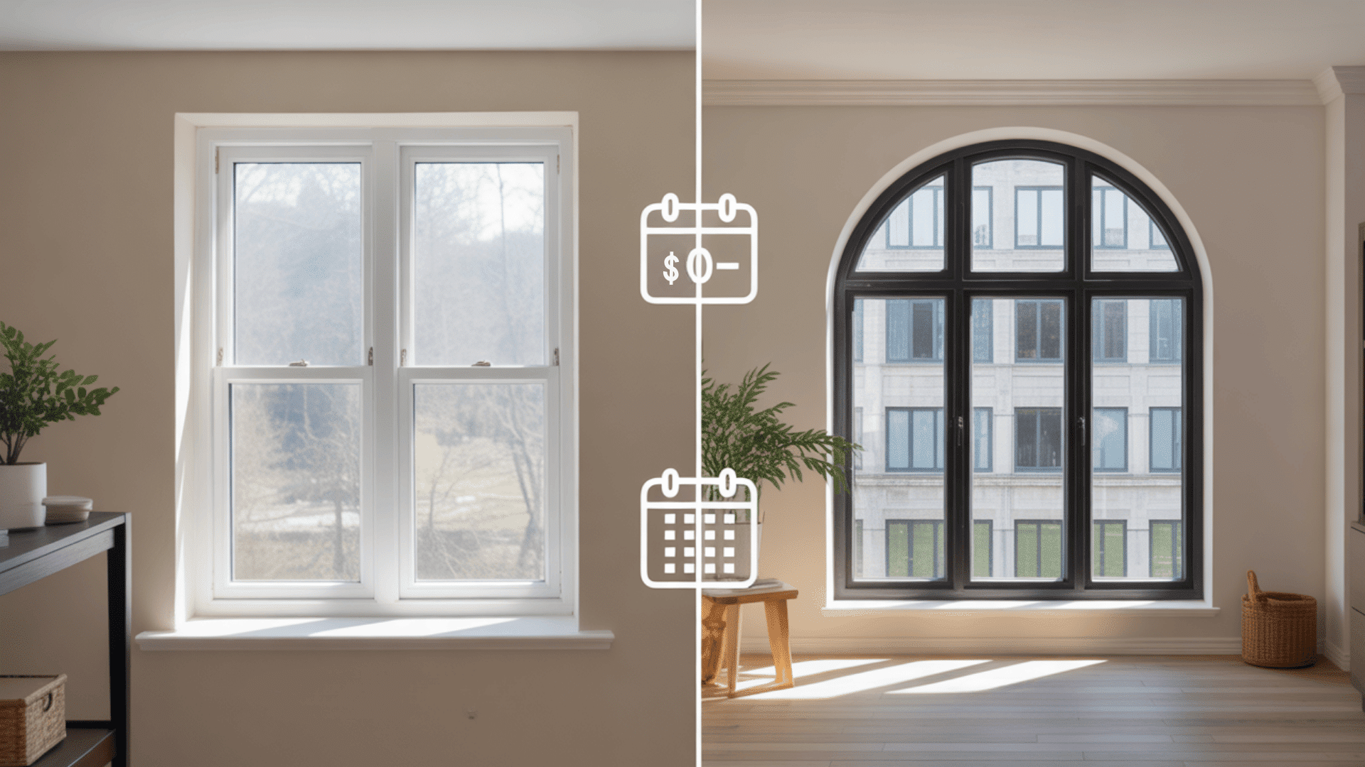 Comparison image showing a standard rectangular window and a specialized arched custom window.