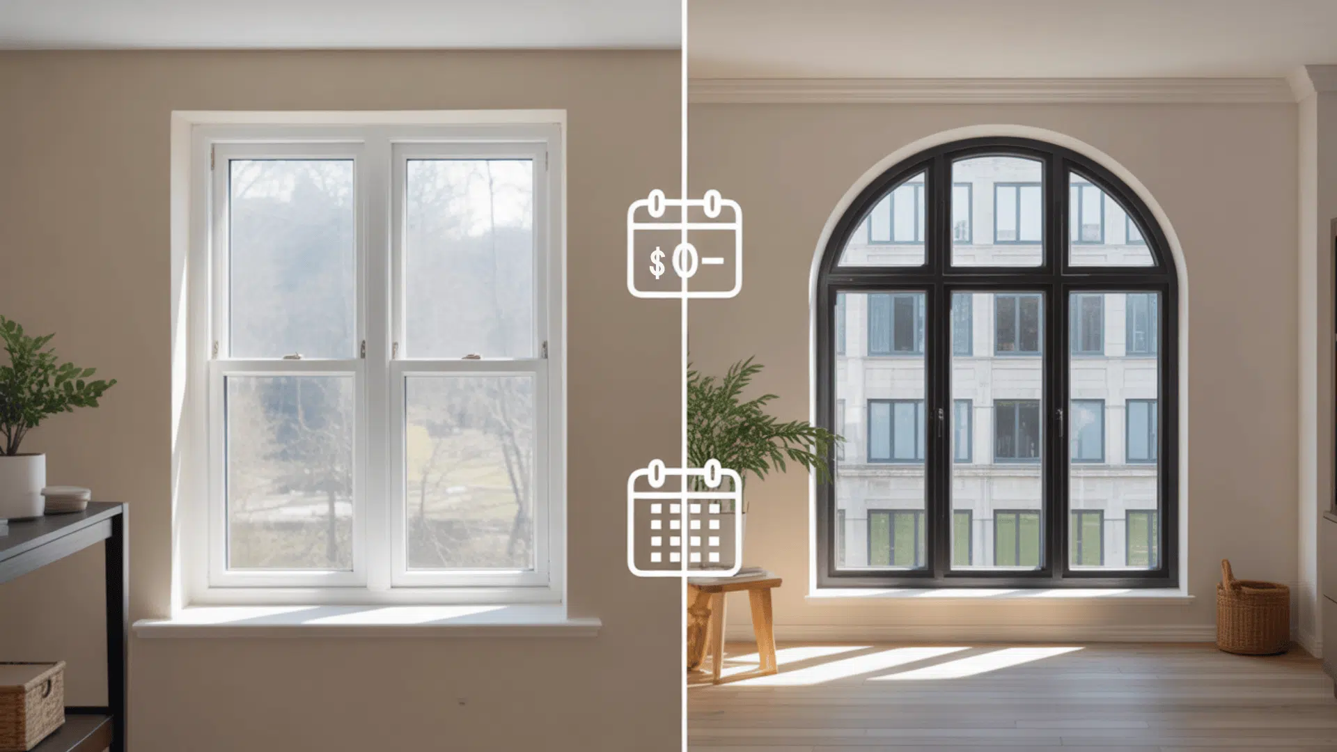 Comparison image showing a standard rectangular window and a specialized arched custom window.