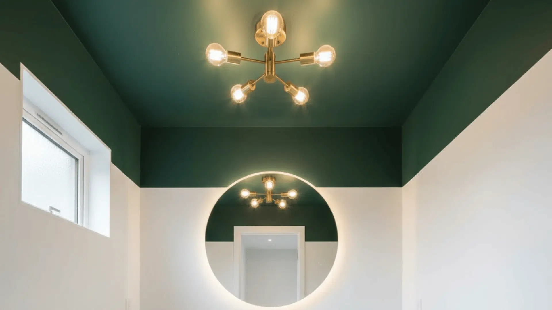 Dark green painted ceiling in a bathroom with a modern brass chandelier and a white arched doorway.