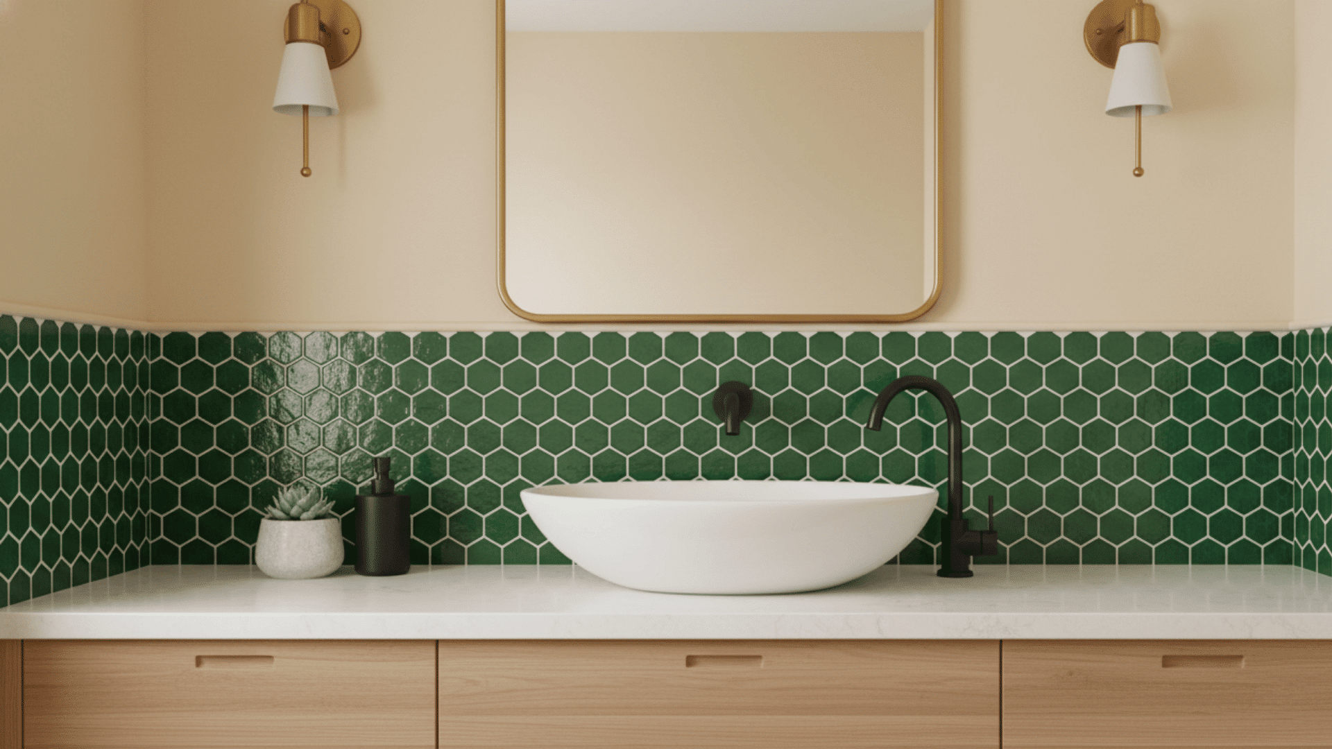 Dark green penny mosaic tile backsplash behind a white vessel sink with a gold-framed mirror.