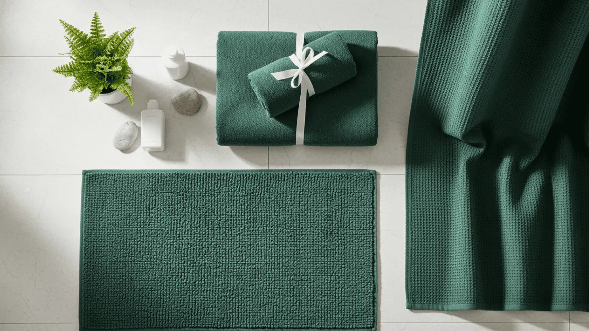 Dark green towels and bath mats neatly arranged on a white tile surface with a small succulent.