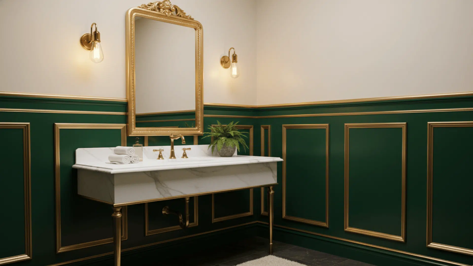 Dark green wainscoting with elegant gold trim along the panels in a luxury bathroom.