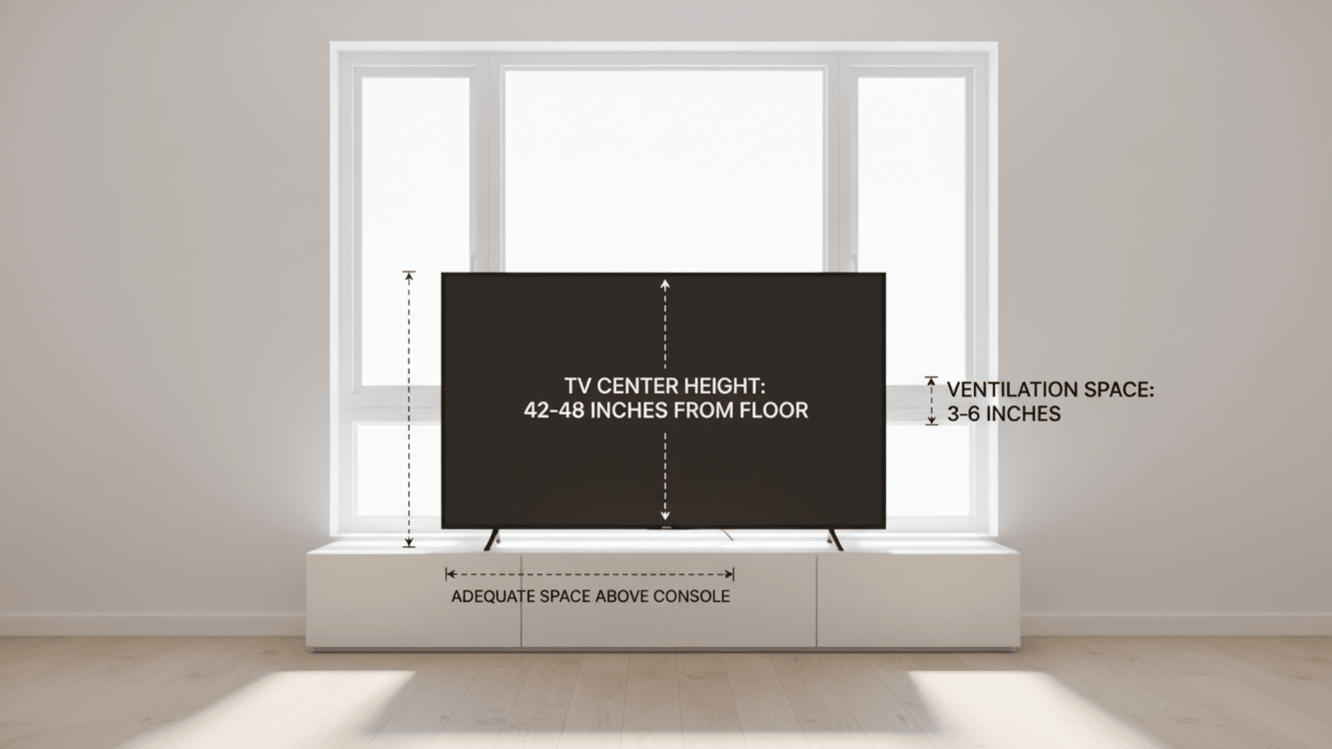 Diagram showing ideal TV height and ventilation measurements for placement in front of a window.
